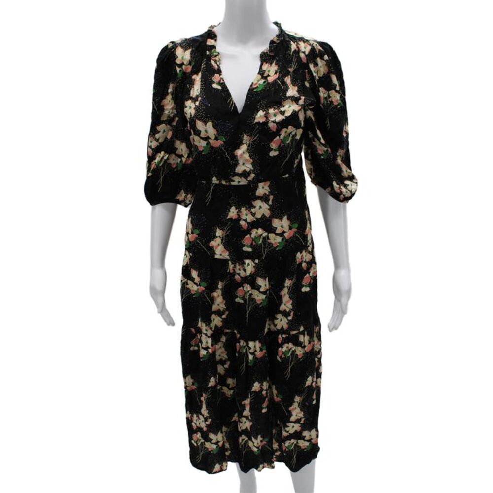 Ba&Sh Womens Fit & Flare Black Viscose V-Neck Half Sleeve Long Dress Size M